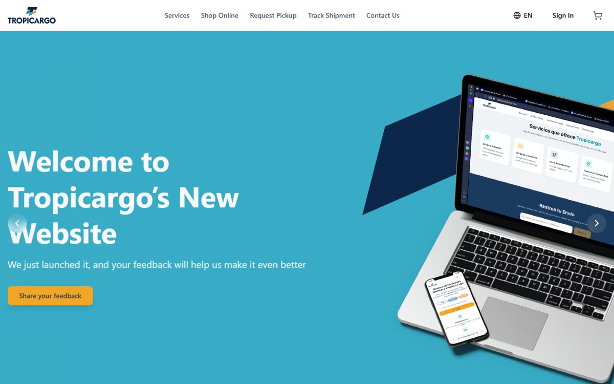 Tropicargo website homepage showing the shipping platform on a laptop and phone